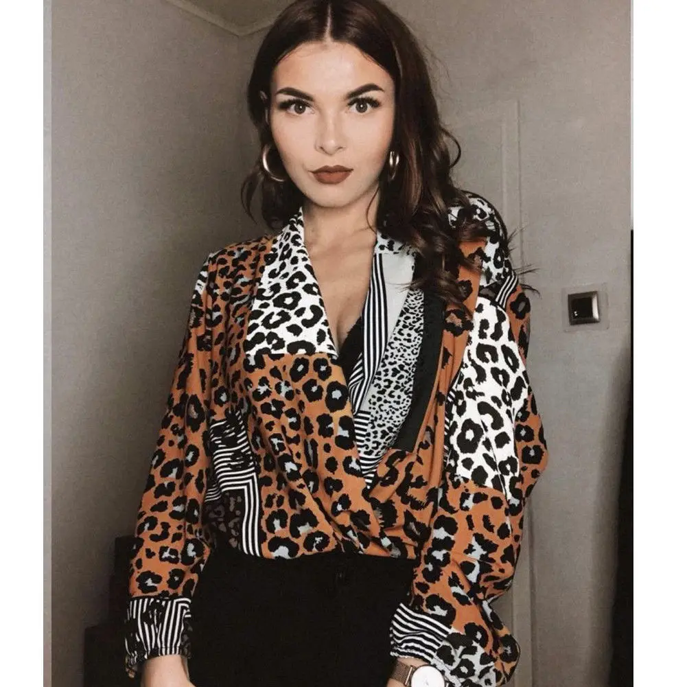 

Women's Longsleeve Leopard Grain Tee V Neck Silm Fit Fashion Tops Sexy T-shirt