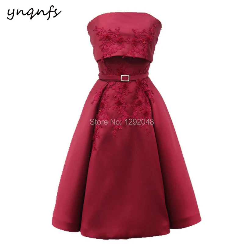 

YNQNFS M113 Vintage Strapless Wine Red Satin Dress Party Gown Guest Wear Knee Length Mother of the Bride Groom Dresses