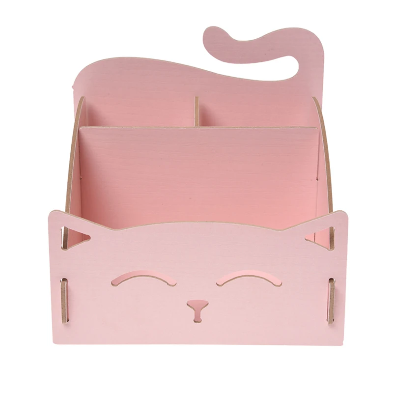 

Cute Cat Wooden Cosmetic Makeup Organizer Storage Box Case Assembly DIY Wood Brush Pen Holder Desktop Foldable