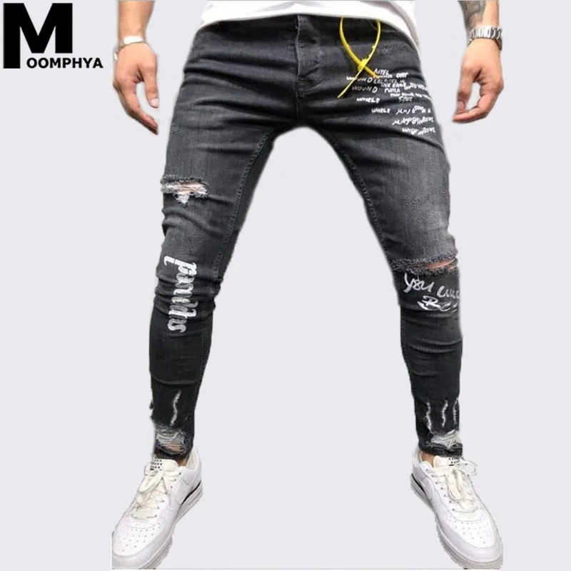 Moomphya 2019 New Distressed Ripped holes skinny jeans men Letter Printed mens jeans Slim Fit Denim Long Pants men Black jeans