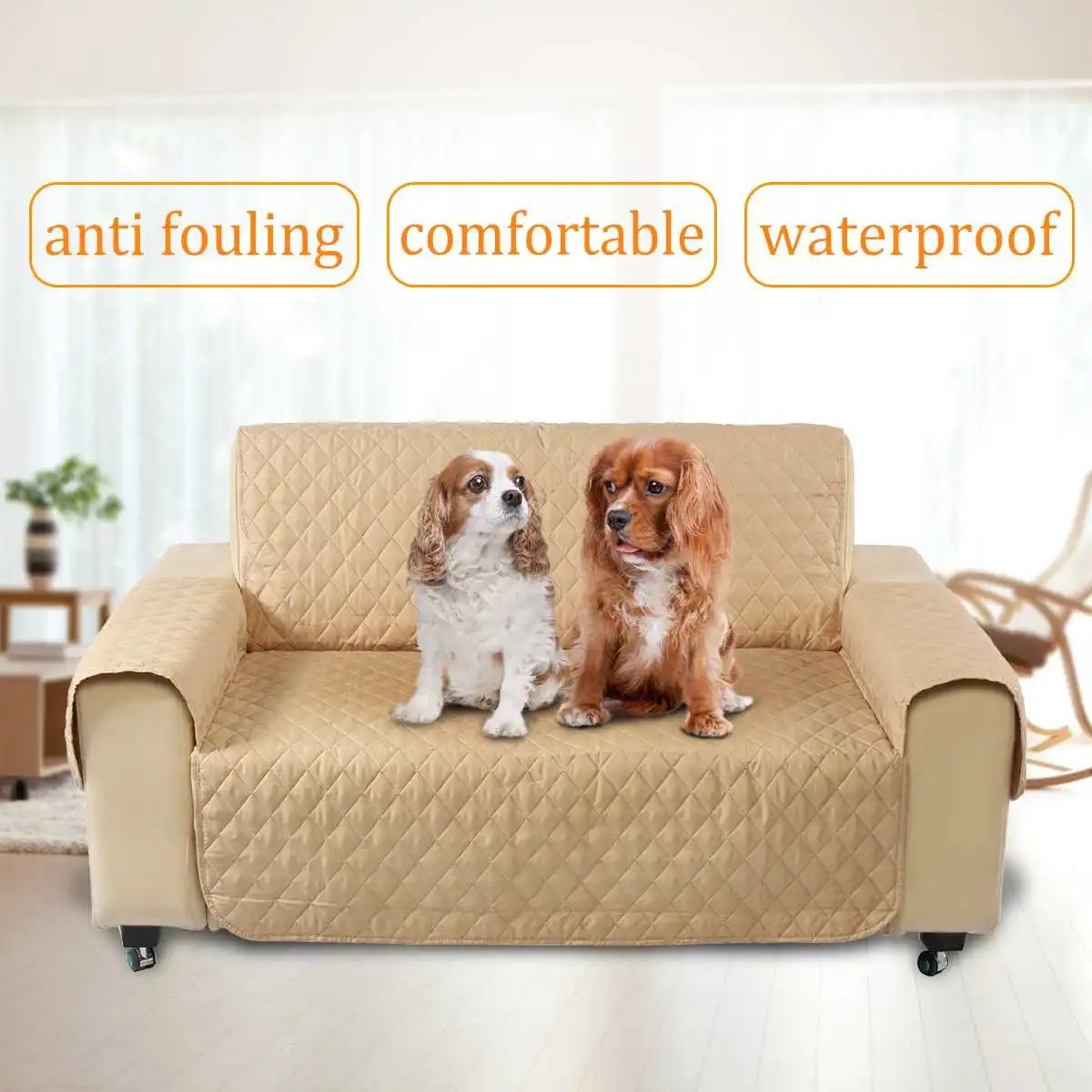 

210x180cm 2 Seat Dog Cat Sofa Cover Khaki Pet Sofa Couch Furniture Protective Cover Removable W/Strap Waterproof