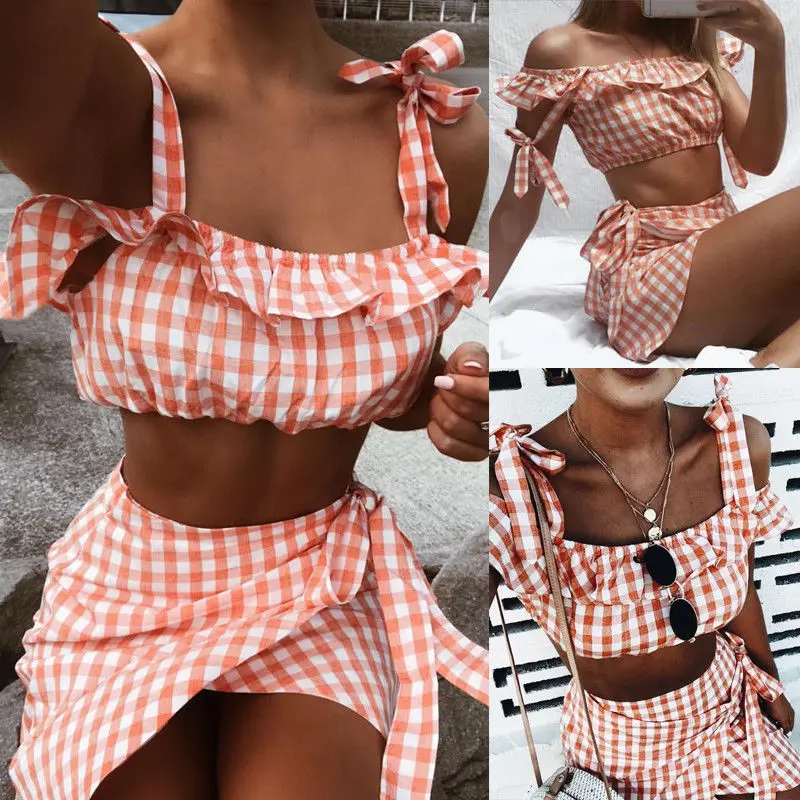

Women Sweet Girls Sexy Lace Up Off Shoulder Crop Top Short Skirt Set 2 Piece Outfit Short Skirt Holiday Beach Style