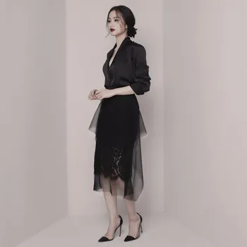 

Spring Elegant Long Sleeve Suits Solid Women Top & Lace Mesh Skirt 2 Piece Set Ladies V-Neck Ol Style Two Piece Sets