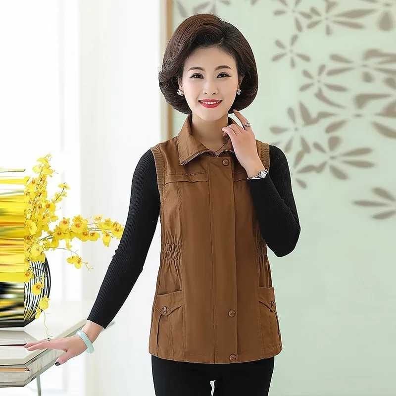 

Spring Autumn Middle Aged Women Casual Vest Waistcoat Sleeveless Solid Zipper Turn-down Collar Woman Coat Plus Size 5XL