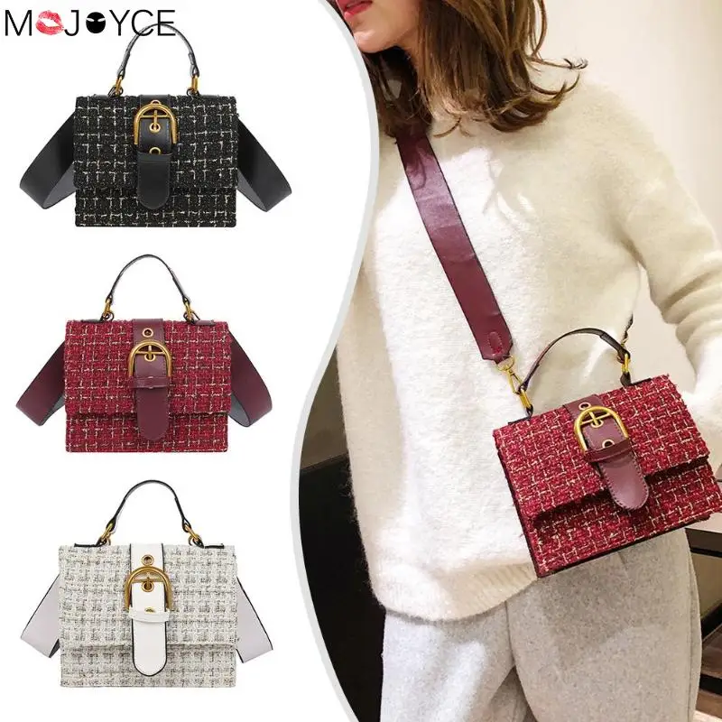 

Belt Decor Flap Shoulder Bags for Women Luxury Satchel Wool Female Crossbody Handbags Messenger Bags bolsa feminina