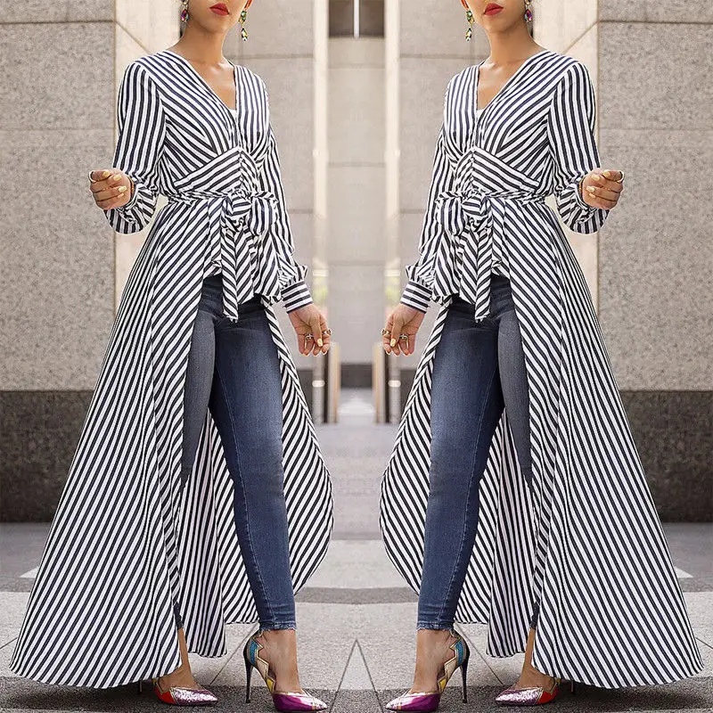 

Blouse 2019 New Brand Women Striped Irregular Long Sleeve V-Neck Shirt Blouse Curve Bottom Tunic Slim Fit Causal Tops