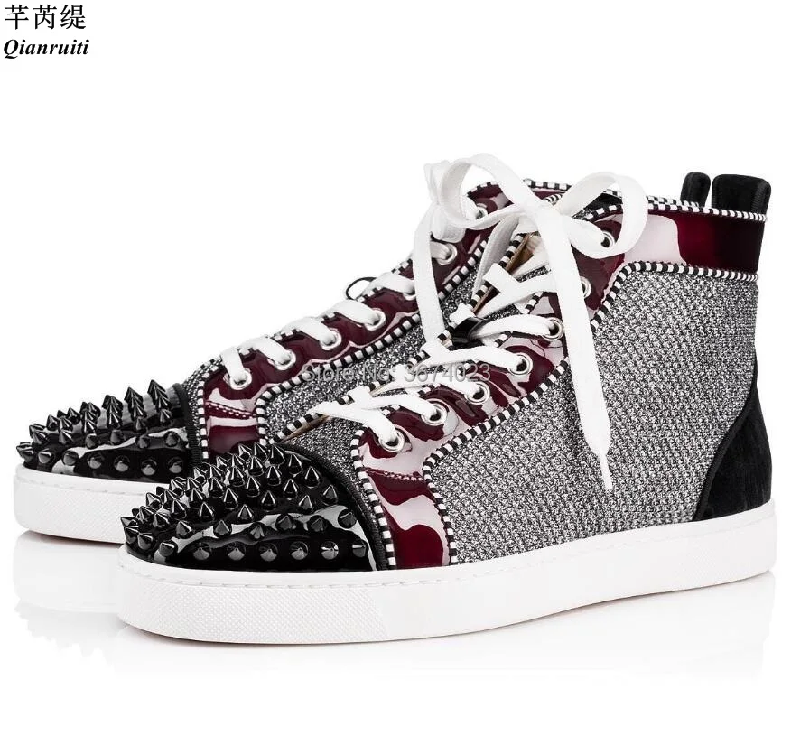 

Qianruiti Men;s Patchwork Sneakers Breathable Mesh Flats Spikes Round Toe High Top Sneakers Lace Up Shoes Men Party Dress Big 46