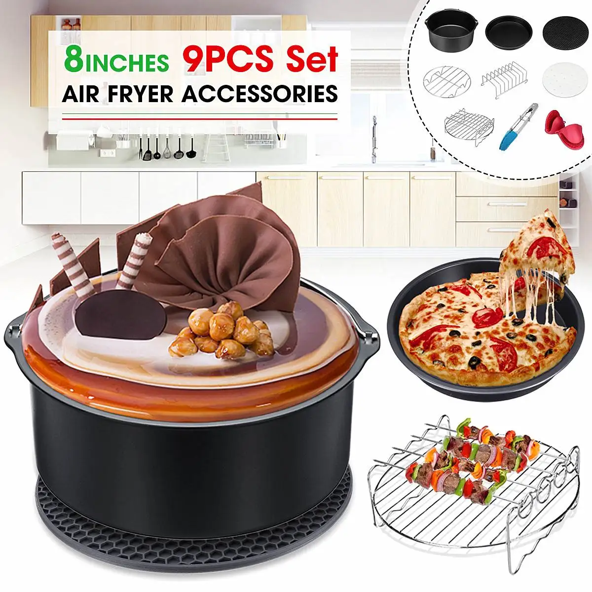 

Newest 9Pcs 8 Inch Kitchen Air Fryer Accessories Set Mini Gloves Cooking Tools Baking Cake Pizza Pan For 4.2-6.8QT Air Fryer