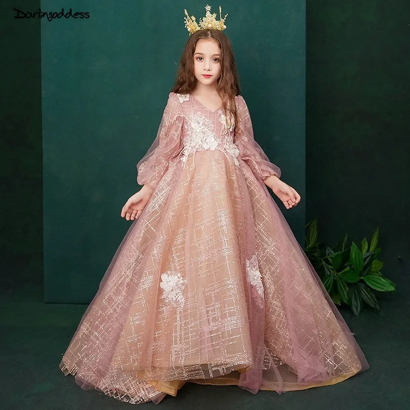 Элегантные праздничное платье для девочки платья с длинным рукавом бальное платье с цветочным узором для девочек платья для свадьбы 2019