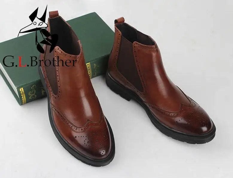 

Ankle Boots Shoes Men Slip On High Top Casual Shoes Elastic Band Carved Brogue Shoes Pointed Toes Brown Dress Flats Dress Boots