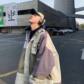 

2019 Japanese Style Men's Streetwear Bomber Jackets Patchwork Pockets Coats Retro Harajuku Hooded Outwear Windbreaker Size M-XL