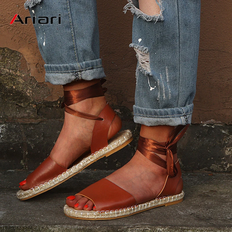 

Plus Size 43 Women's Sandal Summer Hemp Insole Flat Sandals Cross Bandage Roman Sandals Shoes Lace-up Ankle Strap Female Shoes