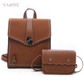 

School Backpack For Girls 2 Pcs/Set Fashion Designer PU Leather Women Backpacks Ladies Casual Knapsack Vintage Women bags