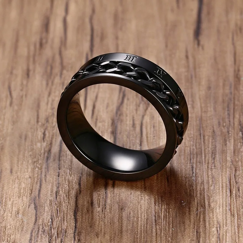 8 мм, черные кольца из нержавеющей стали, мужские вращающиеся звенья в центре цепи, Спиннер с римскими цифрами, шарм, аниверсарный рок, подарки