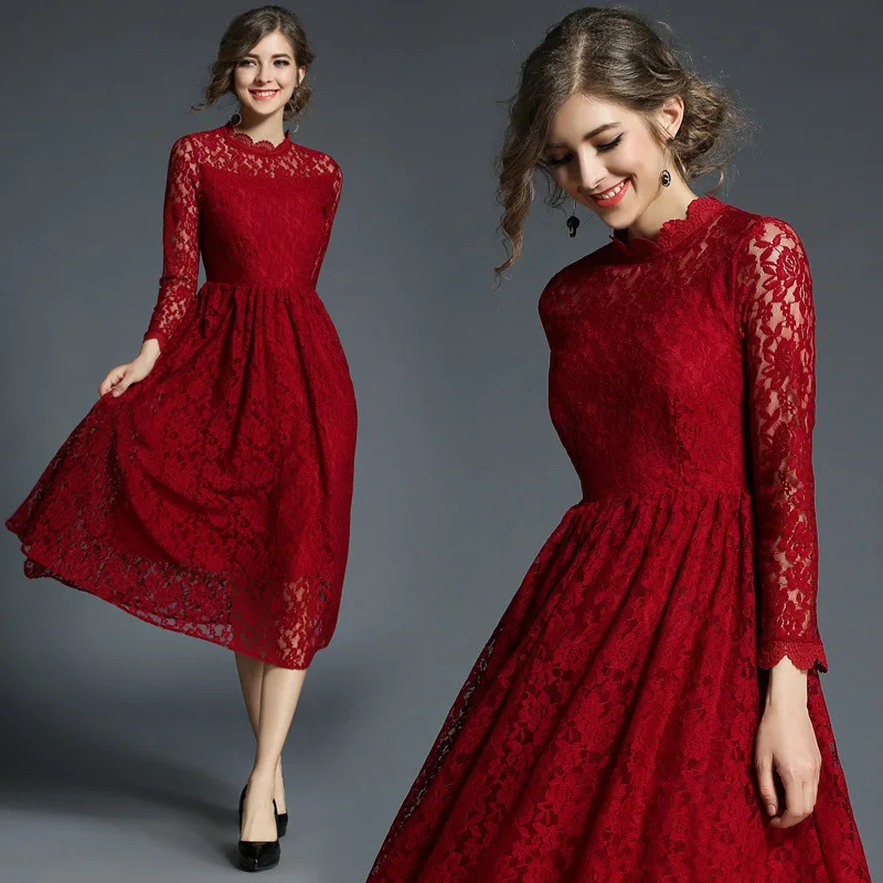 

Burgundy Bridesmaid Dresses Elegant A Line High Neck Long Sleeve Lace Women Dress For Wedding Party Tea Length Vestido Madrinha