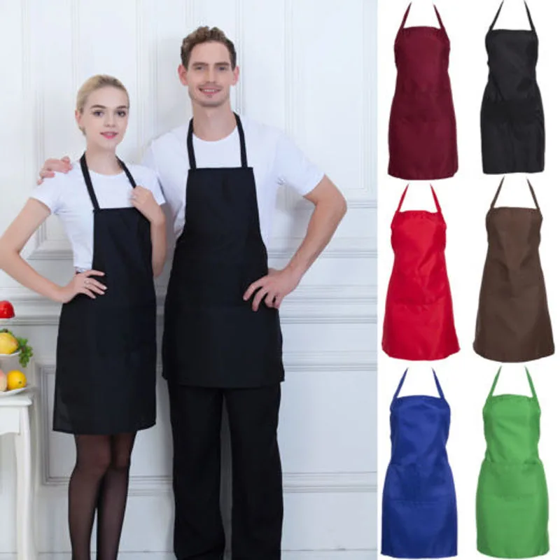 

Brand New Style Men Women Cooking Kitchen Restaurant Solid Chef Adjustable Bib Apron Dress with Pocket work apron