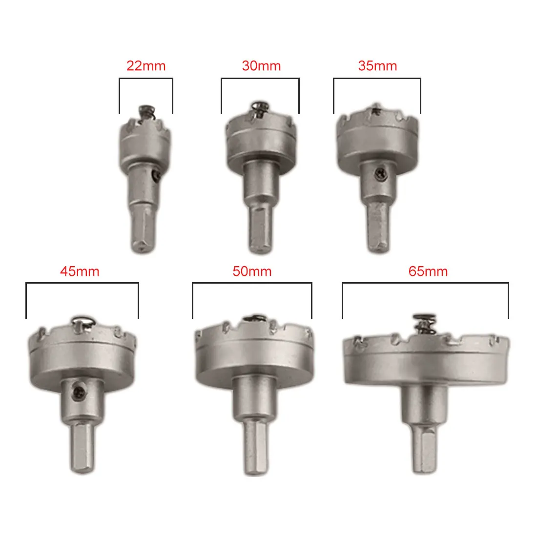 

Metalworking HSS Hole Saw Set Carbide Tip TCT Metal Cutter Core Drill Bit Hole Saw Drilling 22mm 30mm 35mm 45mm 50mm 65mm 6Pcs