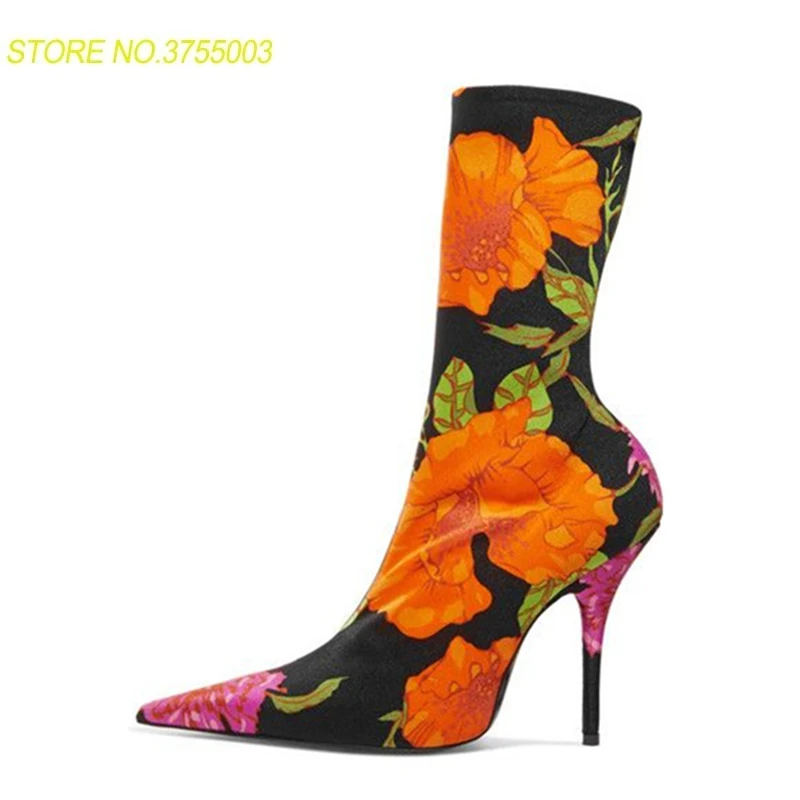 

Sexy High Heel Sock Boots Women Pointed Toe Sequined Stretch Woman Ankle Boots Femme Beige Satin Pink Thigh Ankle Boots