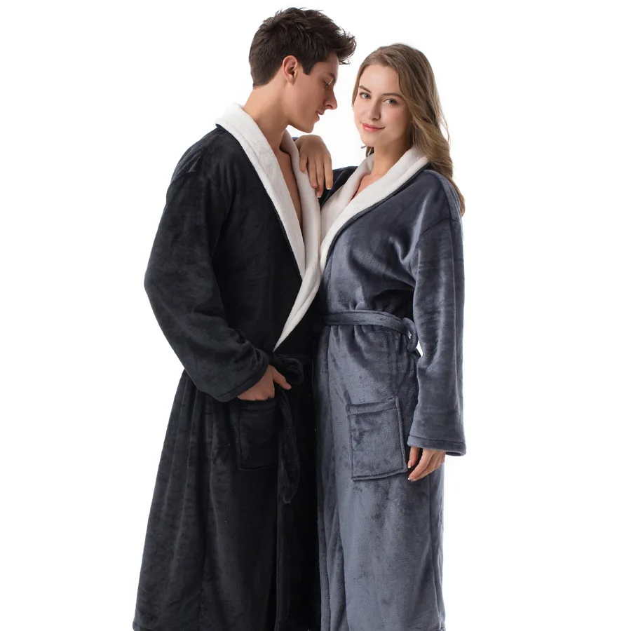 

Couples Solid Color Warm Bathrobes Flannel Fabric High Quality Robes With White Collar Matching Color Coral Fleece Bathrobe