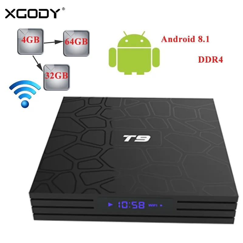 Оригинальный XGODY T9 Смарт ТВ приставка Android 8 1 Oreo Четырехъядерный 4 Гб + 32 ГБ/64 Bluetooth