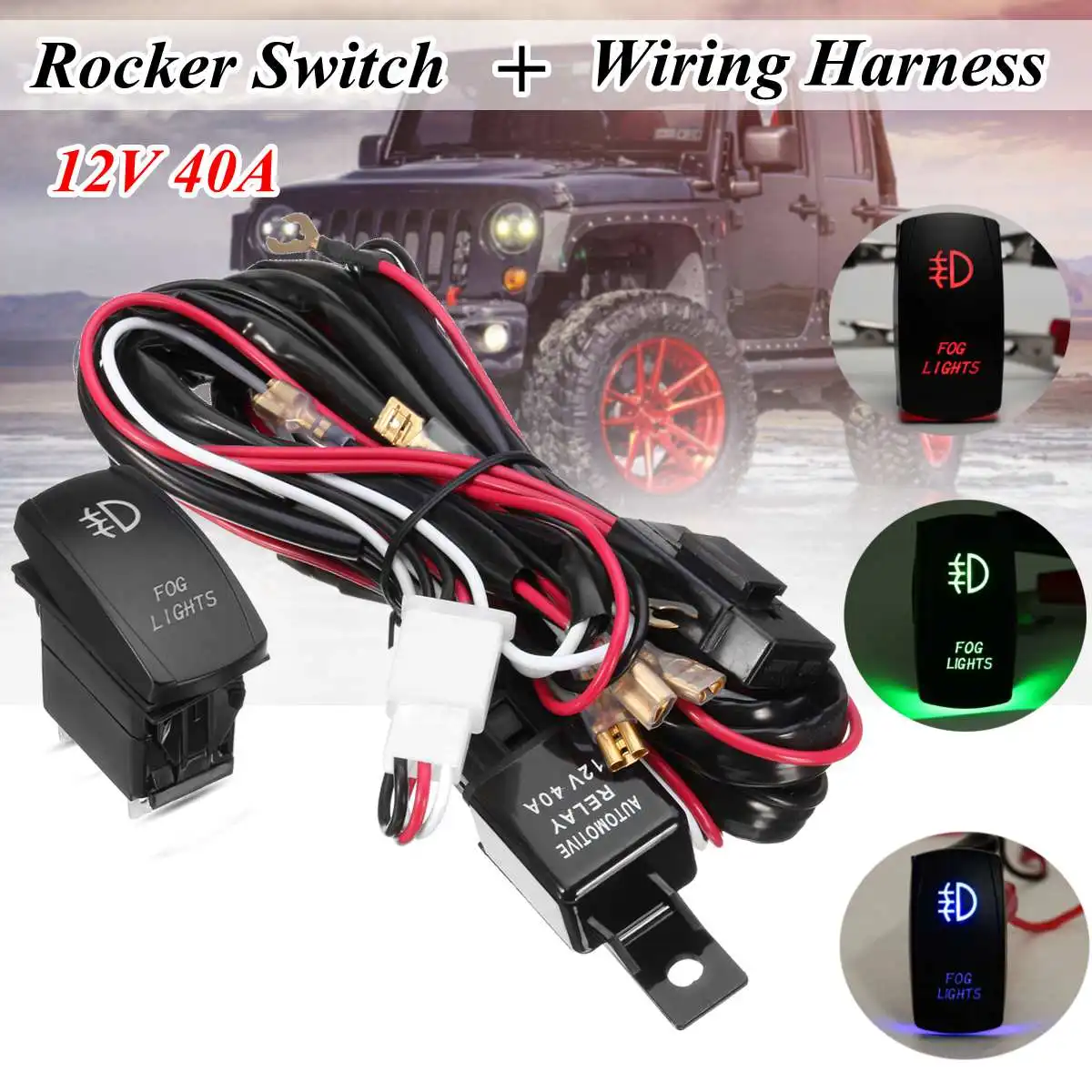 

12V LED Fog Light Laser Rocker On/Off Switch Wiring Harness 40A Relay Fuse