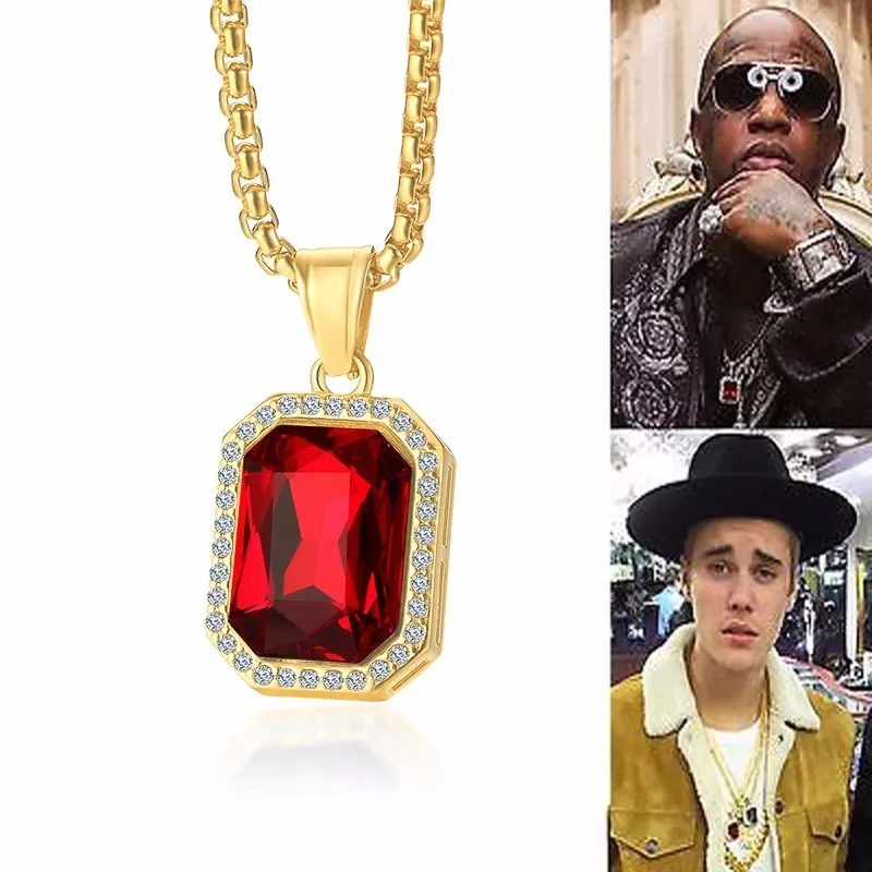

Men Iced out Pendant Chain Hip Hop Rappers Micro Octagon Square Rinestone Red Stone Necklace With 24" Box Chain Golden
