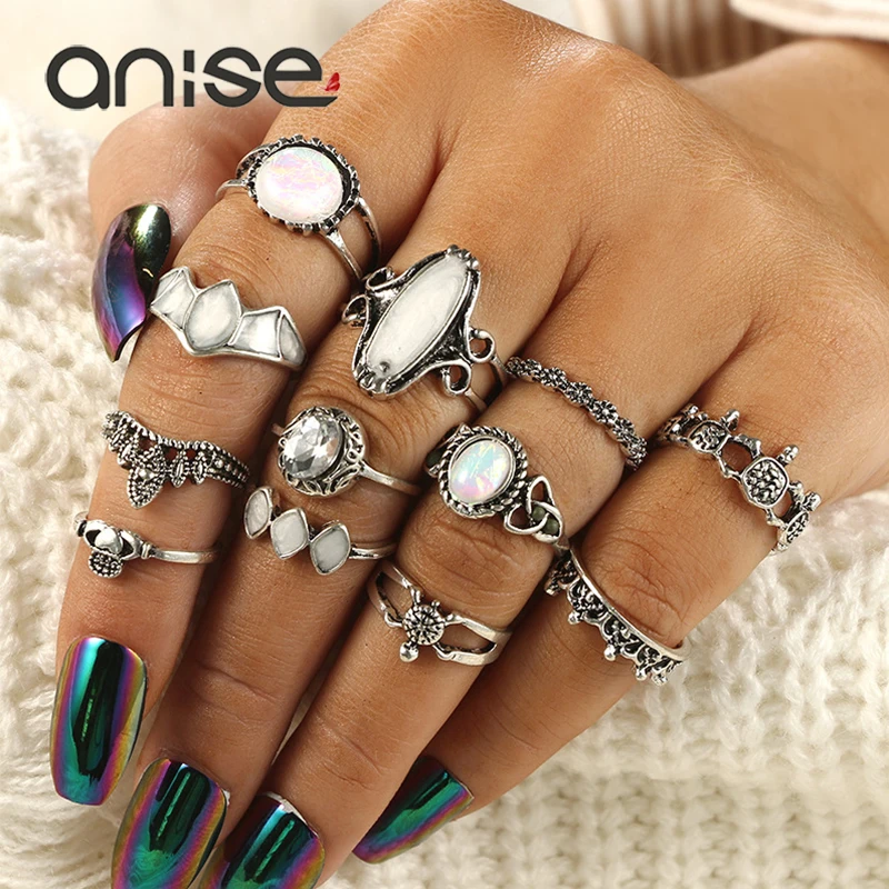 

Anise Luxury Crystal Turtle Love Midi Rings Set For Woman Vintage Totem Bohemian Silver Color Knuckle Party Rings 12 pcs/set