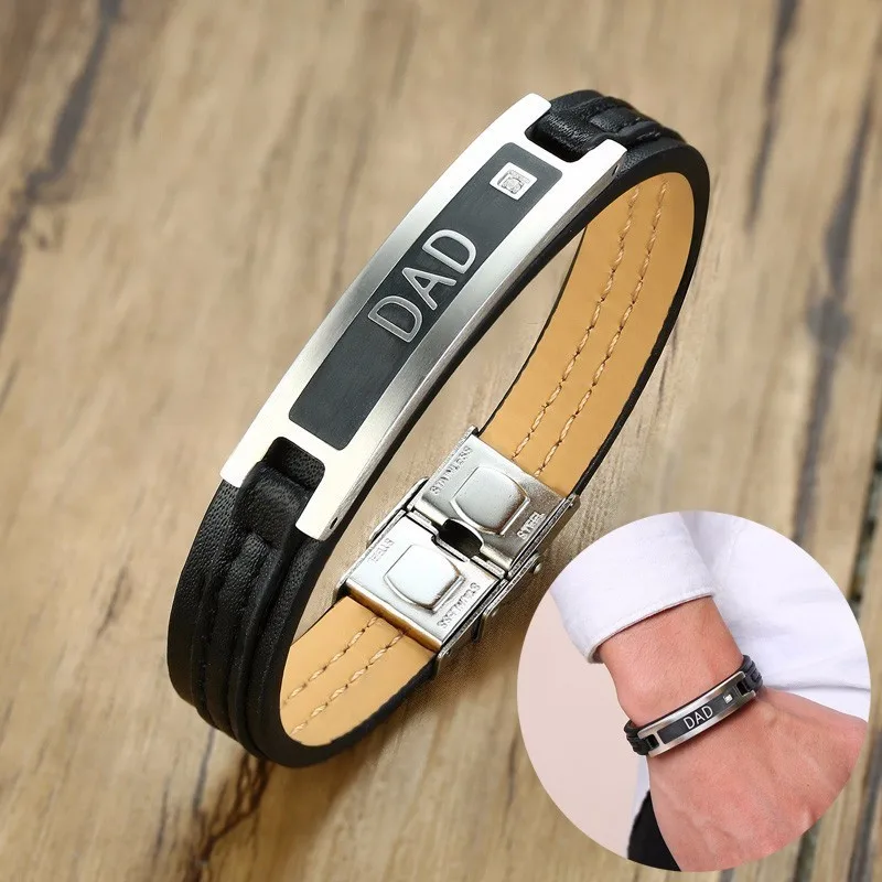 

Dropship Father's Day Gift Men Black Genuine Leather Bracelet with CZ Dad Bangle Bileklik Braslet Brazalete