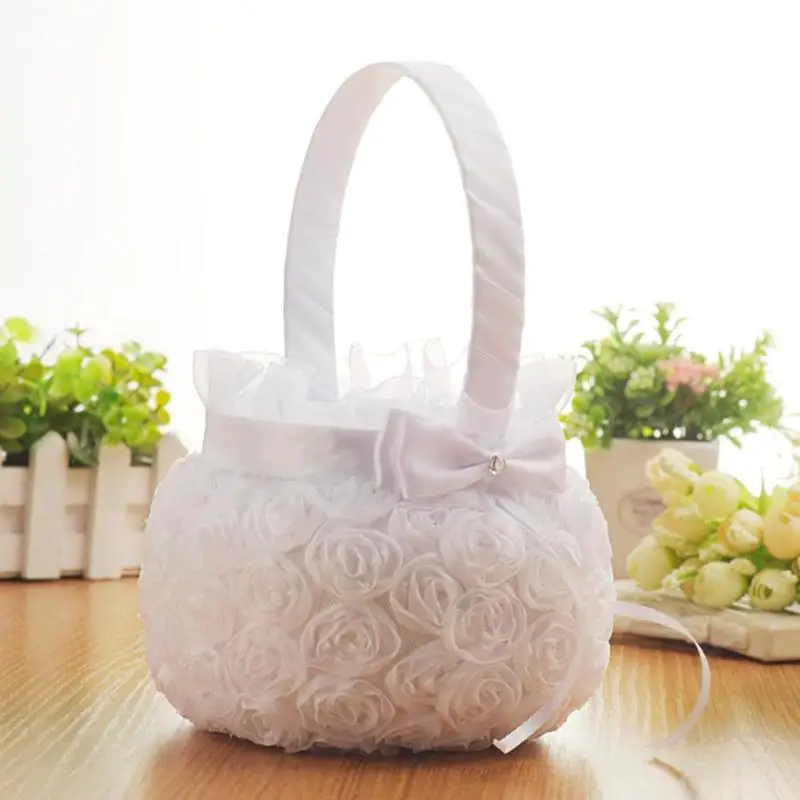 

New Wedding Ceremony Party Decoration Satin Burlap Bowknot Rose Flower Basket Embroidery Flower Girls Basket Party Supplies
