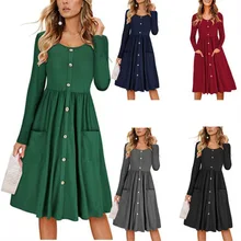 2019 Woman Autumn Long Sleeves Pocket Tunic Button Dress Female O-Neck Pleated Big Size Loose Dress Office Ladies Slim Dress 2019 Woman Autumn Long Sleeves Pocket Tunic Button Dress Female O-Neck Pleated Big Size Loose Dress Office Ladies Slim Dress