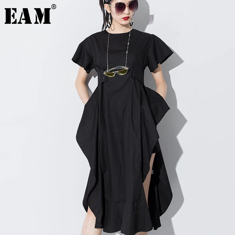 

[EAM] 2019 New Spring Summer Round Neck Short Sleeve Black Loose Ruffles Side Vent Loose Temperament Dress Women Fashion JS568
