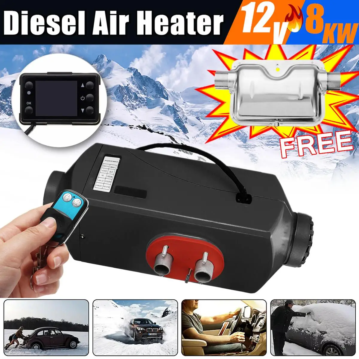 

8KW 12V Car Air Diesels Heater LCD Remote Control Silencer For RV Truck Boat Motorhome Trailer Trucks Black Low Fuel Consumption