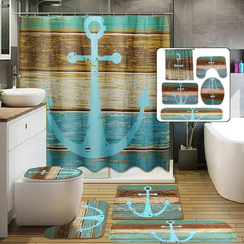 

Bathroom Mat set Retro Old Style Anchor Non-Slip Carpet Toilet Seat Cover Shower 178*176cm Curtain Bath Mat Set Drop Ship