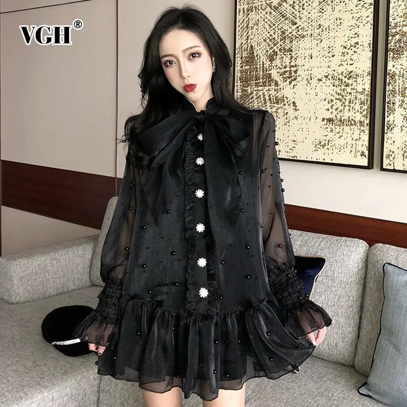 Online VGH Sommer Chiffon Mini frauen Kleid Bogen Kragen Flare Hülse Rüschen Perspektive EINE Linie Kleider Weibliche 2019 Mode Neue flut