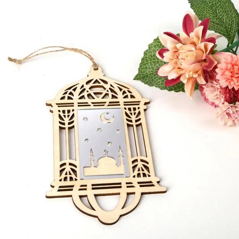 

DIY Islam Ramadan Eid Mubarak Lantern Mirror Pedant Muslim Home Decoration Plywood Hollow Ornament Crafts Baubles with Lanyard