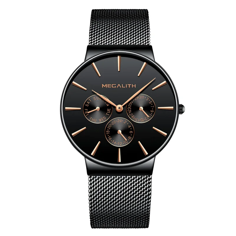 MEGALITH Fashion Sport Wrist Watches Mens Waterproof Black Steel Strap Mesh Date Calendar Untra Thin Design Quartz Watches Gents MEGALITH Fashion Sport Wrist Watches Mens Waterproof Black Steel Strap Mesh Date Calendar Untra Thin Design Quartz Watches Gents