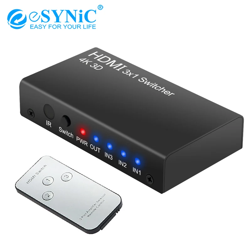 

Esynic 3 Port HDMI Switch HDMI Hub 3 In 1 Out with IR Remote Support 4K 3D HDMI Switcher For Blu-ray DVD PS3 Laptop Projector