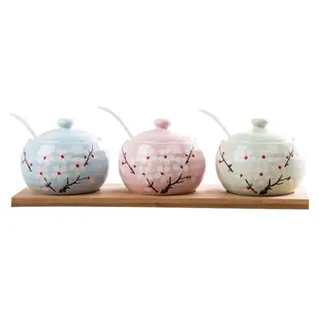 

3pcs Flower Embossed Porcelain Condiment Container Pottery Cruet Pot Spice Jar with Lids Serving Spoon Wooden Tray