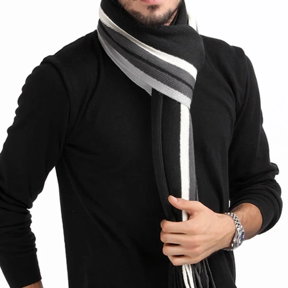 Mens Knitted Wool Shawl Scarves Fashion Winter Couple Striped Scarf with Tassels