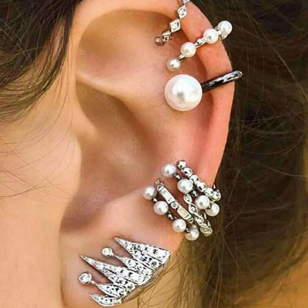

DreamBell 9 Pcs/set Women Clip Earrings Silver Color Crown Pearl Ear Clip No Ear Hole Earring Jewelry