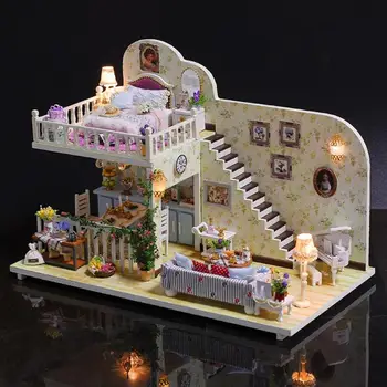 

Wooden DIY Model Dollhouse Furniture Miniature Doll House Village Life Assemble Kit Toys Handicraft Birthday Gift