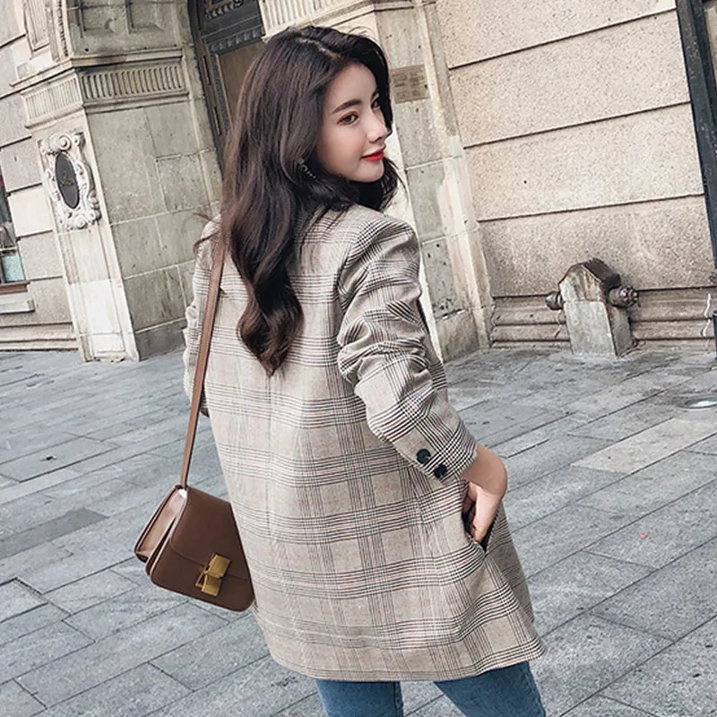 Женский клетчатый Блейзер повседневный двубортный блейзер в Корейском стиле