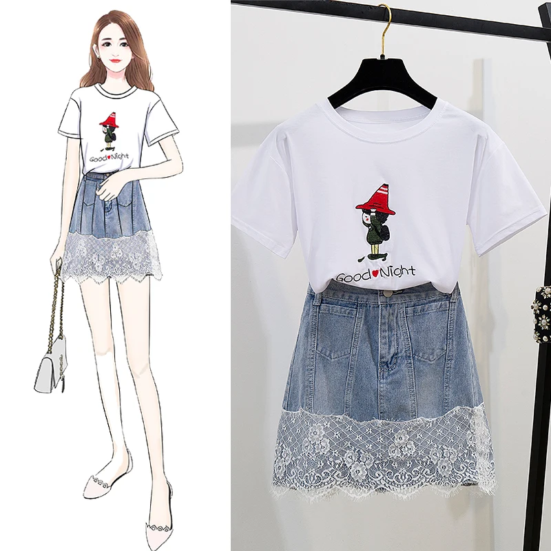 

new summer suit fashion lace stitching denim skirt cartoon T-shirt two-piece women clothing set skirts vestidos student clothes