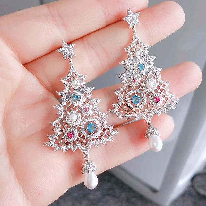 

Fashion Rhinestone Women Earrings Exquisite Colorful Cubic Zircon Christmas Tree Earrings Long Dangle Drop Earring Jewelry