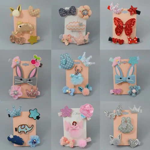 

2019 Brand New Lot 5Pcs/Set Girl Children's Cartoon Animal Hair Clips Cloth Card Crown Baby Hairclip Party Props Baby Kids Gifts