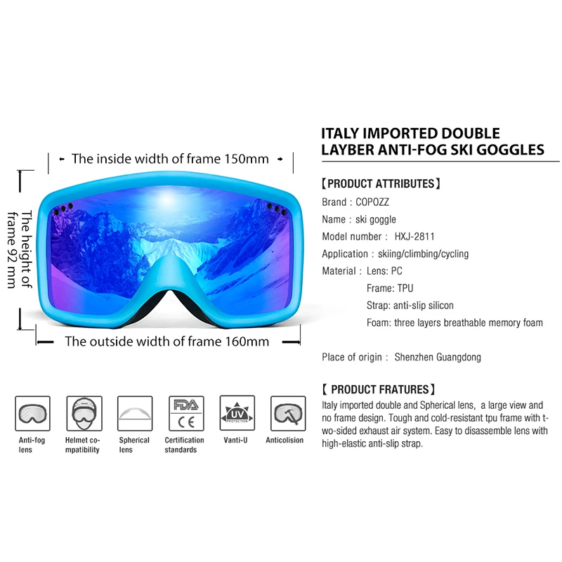 Copozz Anti-Fog Ski Goggles Men Women Winter Ski Snowboard Snow Goggles Uv400 Snow Glasses Adult With Adjustable Anti-Slip Str