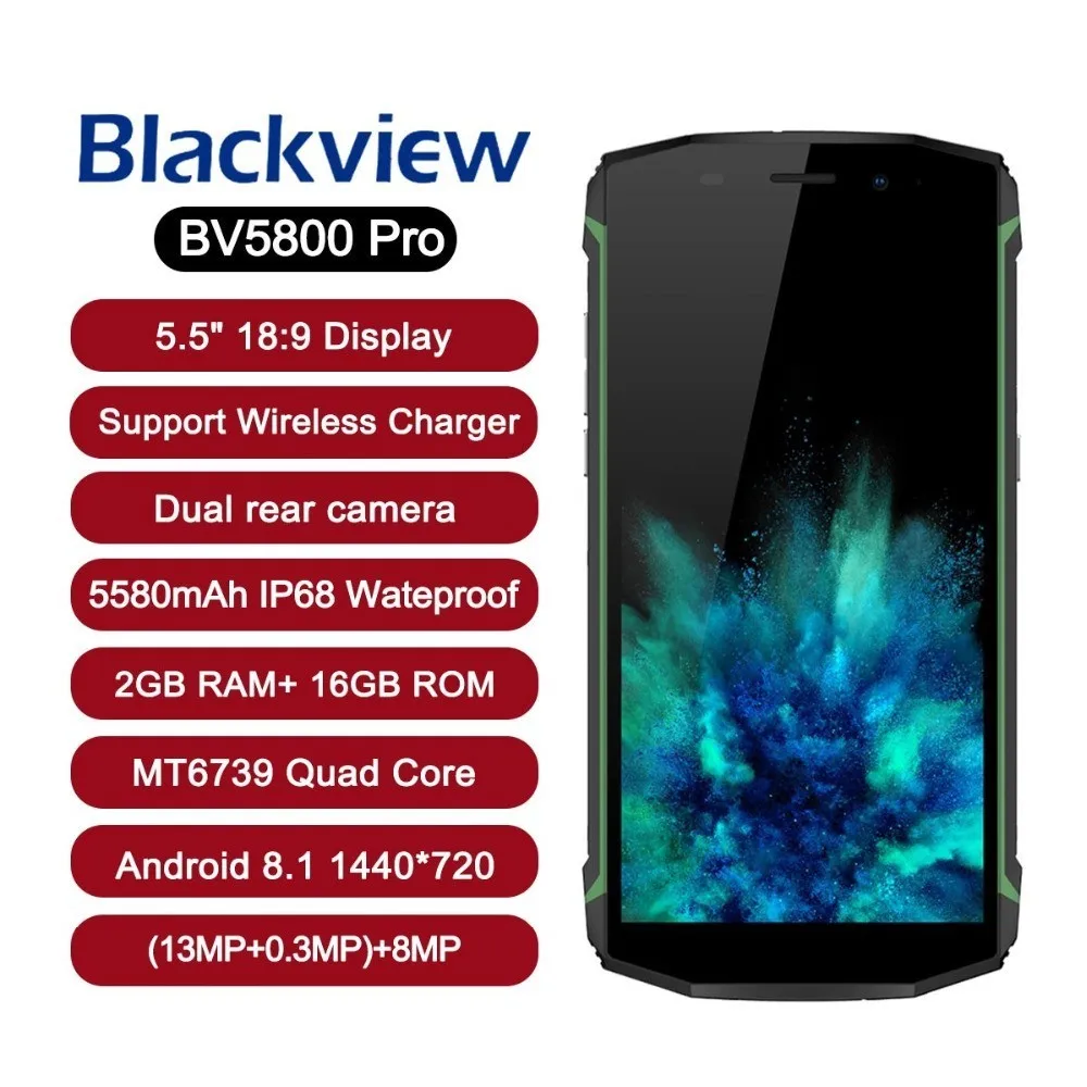 

Blackview BV5800 Pro 5.5" 18:9 Waterproof IP68 MT6739 Quad Core Android 8.1 2GB+16GB 13MP Wireless Charge 5580mAh Mobile Phones