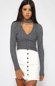 

Women Autumn Gray halter knitted sweater Winter sexy pullover women tops Slim Scarf V-neck long sleeve jumper pull femme