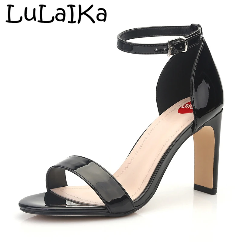 

2019 Summer New Round Head Woman High Heel Sandals Sexy Simple Shining Patent Leather Buckle Comfortable Office Lady Shoes