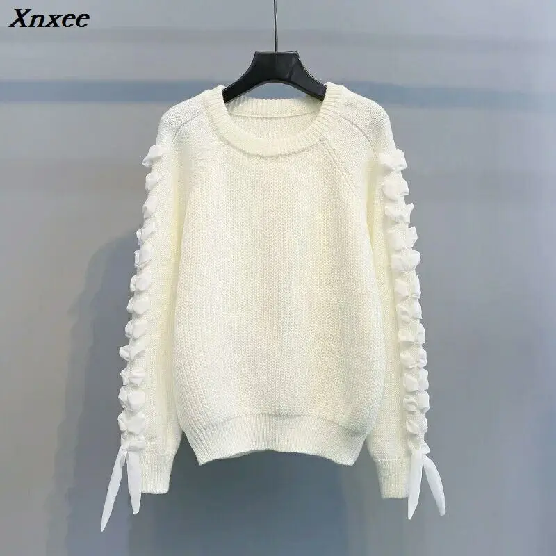 Xnxee Apricot Sleeve Lace Up Loose Sweater 2019 Fall Women New Red Sweaters thick Pullovers Knitted Tops